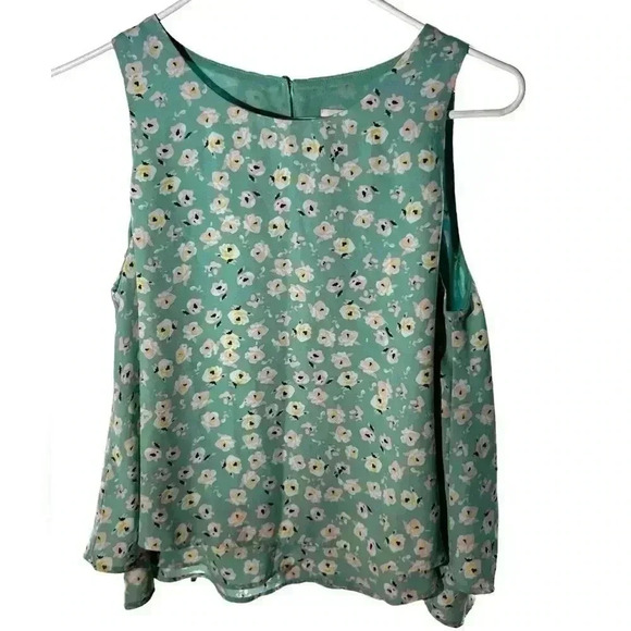 Cute Layered A-Line Mint Green Loft Top In Petite Med. Pastel Floral Sleeveless - Picture 1 of 6